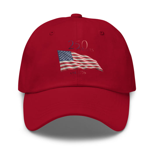 Cranberry low-profile baseball cap with printed 250 Years American flag Est. 1776 design - Spirit of 76 Store limited edition anniversary hat
