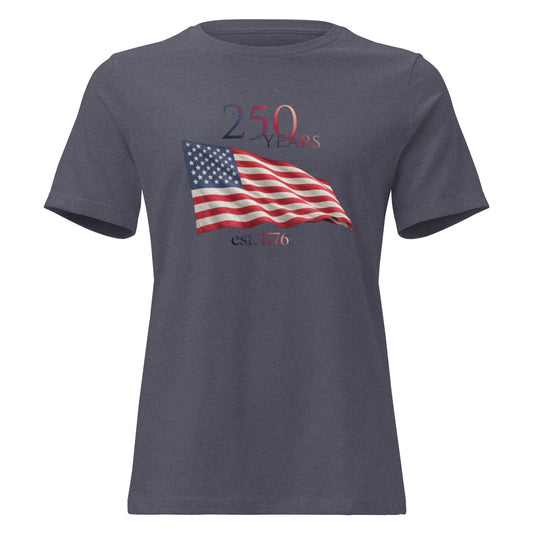 Heather navy women's relaxed fit tee with 250 Years American flag graphic - Spirit of 76 Store