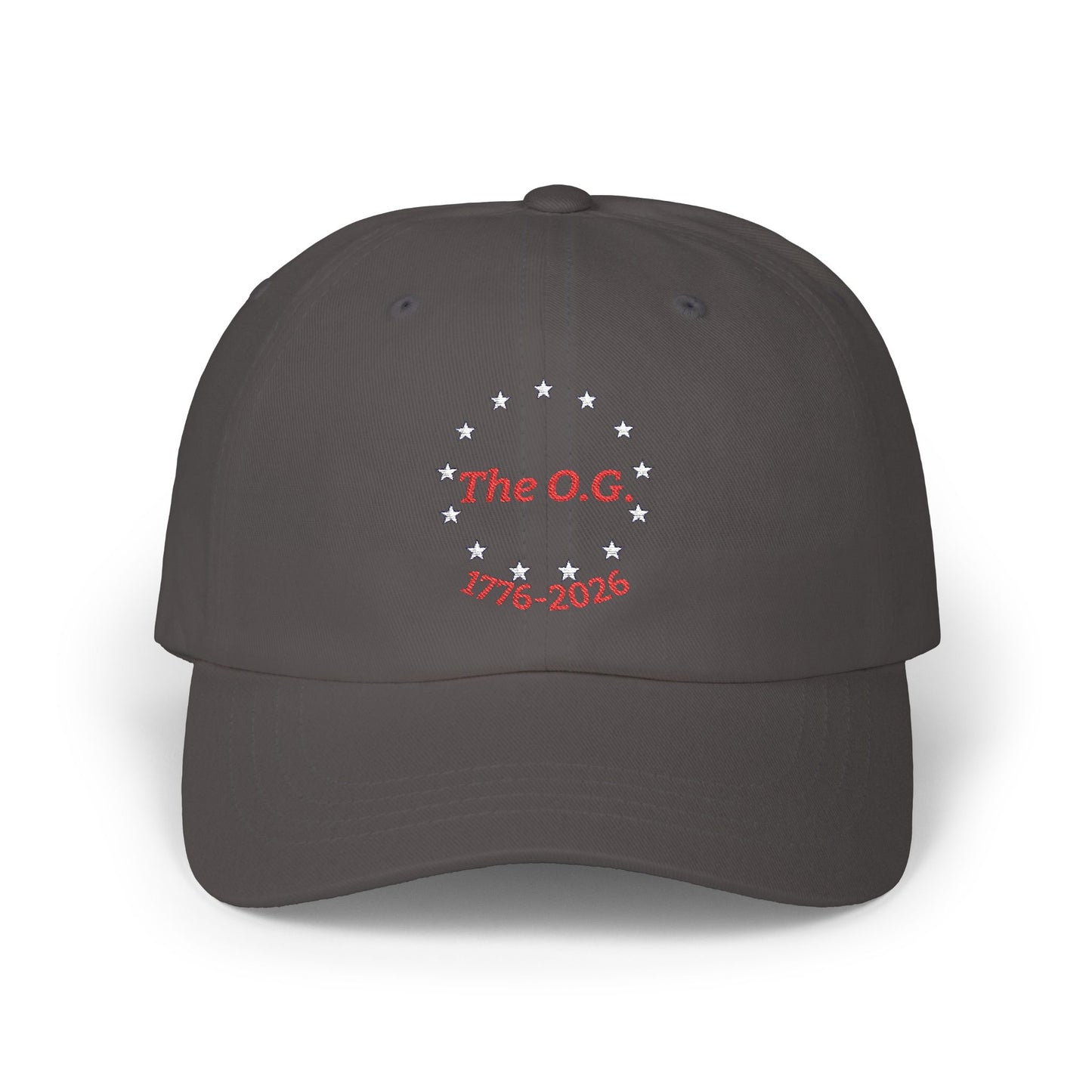America 250th anniversary dark grey baseball cap embroidered The OG circle of stars 1776-2026 adjustable strap antique brass buckle Yupoong