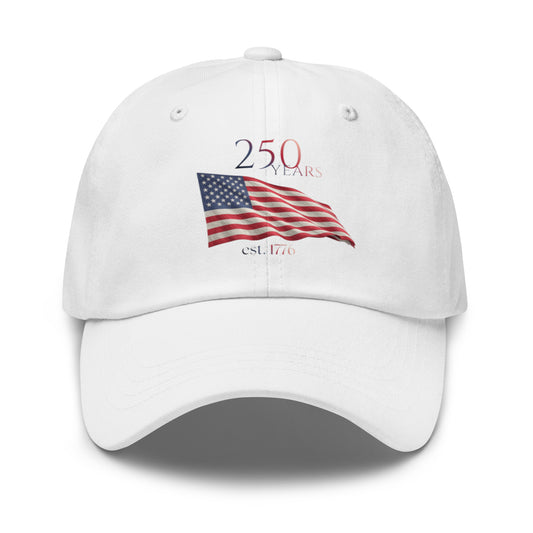 White low-profile baseball cap with printed 250 Years American flag Est. 1776 design - Spirit of 76 Store limited edition anniversary hat