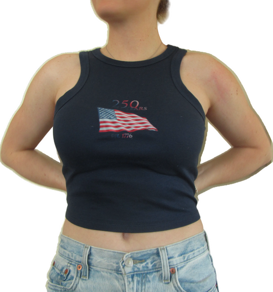 Navy blue tank top with American flag design worn by a person on a white background