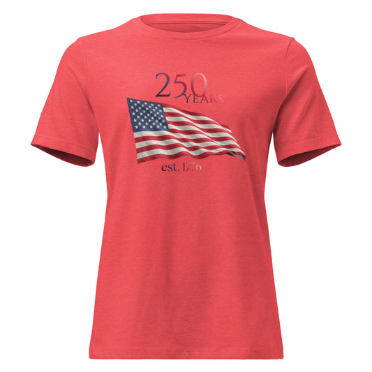 Heather red women's relaxed fit tee with 250 Years American flag graphic - Spirit of 76 Store